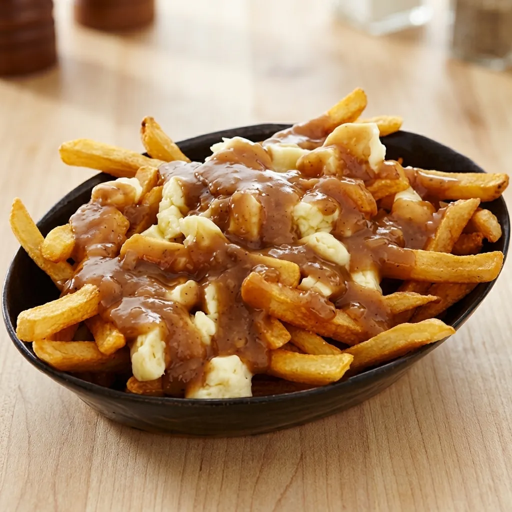 Poutine — classic Canadian poutine with gravy and cheese curds at London Burgers, London Ontario